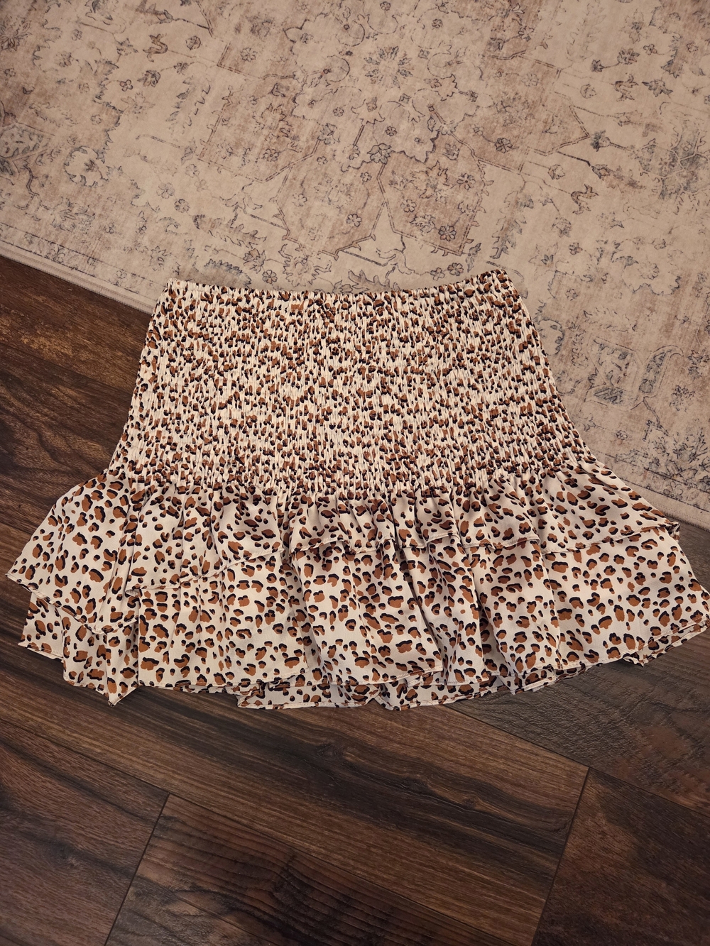 glam Leopard-Print Ruffled Smocked Mini Skirt - Cream/Tan/Black